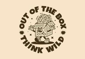 en dehors de le boîte, mascotte personnage de une papier carton boîte avec une Humain cerveau sur il vecteur