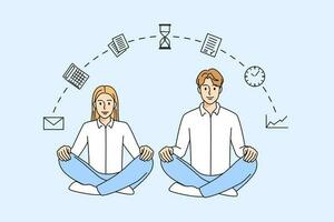 hommes d'affaires asseoir dans lotus position méditer à lieu de travail. des employés se détendre gérer emploi fonctions et responsabilités. temps organisation concept. vecteur illustration.