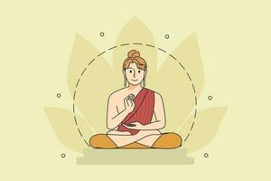 calme femme asseoir dans lotus position prier et méditer. content la personne pendant Indien Bouddha Purnima festival. félicitations de vesak journée. yoga et méditation. vecteur illustration.