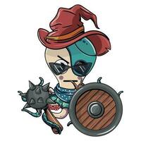 agacé dessin animé cyborg poulpe personnage avec sorcière chapeau fumeur une tuyau armé avec une guerre masse et bouclier. illustration pour fantaisie, science fiction et aventure des bandes dessinées vecteur
