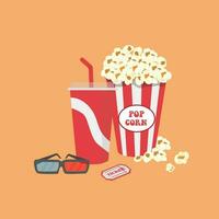 pop corn boîte et un soda tasse vecteur ensemble. cinéma vecteur ensemble de pop corn seau, un soda tasse, 3d lunettes, cinéma billet. cinéma concept. casse-croûte nourriture plat vecteur dans dessin animé style, isolé sur bois tableau.