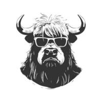 yak portant des lunettes de soleil, ancien logo ligne art concept noir et blanc couleur, main tiré illustration vecteur