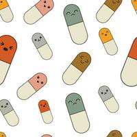 mignonne kawaii capsules sans couture modèle sur blanc Contexte. médicament drogue modèle. santé émoji, médical comprimés, pharmacie vitamines. Facile plat vecteur illustration.