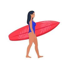 Jeune brunette des promenades avec une planche de surf vers le mer. vecteur illustration.