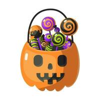 Halloween vecteur dessin animé illustration avec panier de citrouille avec des sucreries