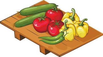 Frais des légumes illustration, des légumes mélanger de tomate, concombres, Chili poivre et cloche poivre sur une assiette vecteur