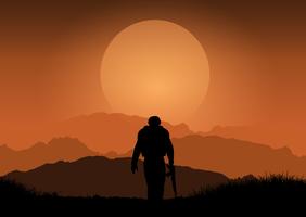 Soldat contre paysage coucher de soleil vecteur