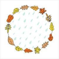 bannière l'automne feuilles . rond frontière Cadre. ensemble, Contexte avec feuilles, pluie, l'eau goutte. feuilles en volant. griffonnage style dessins. Couleur vecteur illustration, isolé Contexte.