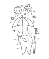 en bonne santé dent, parapluie. les dents nettoyage, protection contre germes et carie. griffonnage, contour dessins. vecteur illustration, blanc isolé Contexte.