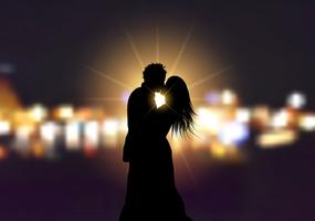Silhouette d'un couple d'amoureux sur fond de lumières de bokeh vecteur