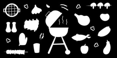 un barbecue gril fête noir blanc éléments ensemble vecteur