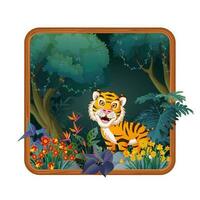 mignonne tigre dessin animé avec tropical forêt Contexte Cadre vecteur