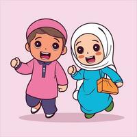 mignonne fille et garçon musulman célébrer eid mubarak dessin animé vecteur Icônes illustration. plat dessin animé style