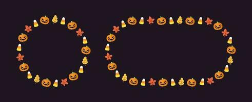 rond Halloween Cadre frontière avec dessin animé jack o lanterne, citrouilles, bonbons blé ensemble. mignonne Halloween carte modèle collection. vecteur illustrations.