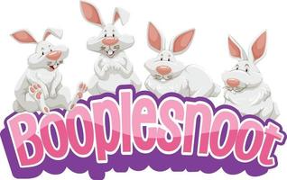 personnage de dessin animé de nombreux lapins blancs avec bannière de polices booplesnoot isolée vecteur