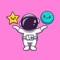 mignonne astronaute avec mignonne étoile et mignonne planète dessin animé vecteur icône illustration. science espace icône concept isolé prime vecteur. plat dessin animé style