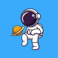 astronaute mignon jouant à l'illustration d'icône de vecteur de dessin animé de planète de football. concept d'icône de sport scientifique vecteur premium isolé. style de dessin animé plat