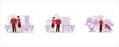 portrait de une infirmière portion une patient marcher sur béquilles dans une allaitement maison. le infirmière permet le plus âgée homme à marcher. portrait de mari pousser épouse séance dans une fauteuil roulant. vecteur