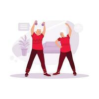 content personnes âgées couple exercice ensemble dans le salon. tendance moderne vecteur plat illustration.