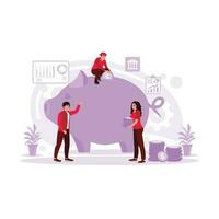 investir dans le futur concept. Jeune homme d'affaire et femme gérer leur finances et garder argent dans une porcin banque. tendance moderne vecteur plat illustration