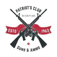 patriotes club ancien logo avec franchi armes à feu, pistolet magasin ancien signe avec agression fusils, pistolet boutique emblème sur blanc, vecteur