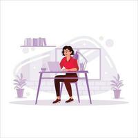 Jeune femme travail dans une moderne bureau, travail sur la finance et commercialisation projets plus de café. tendance moderne vecteur plat illustration