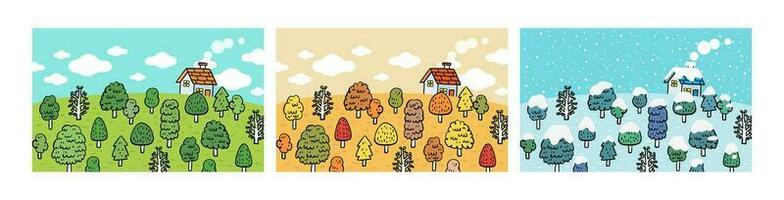 vecteur ligne dessiner champ avec petit maison avec différent saison, printemps, l'automne, automne, hiver, neige