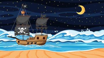 océan avec bateau pirate à la scène de nuit en style cartoon vecteur