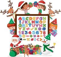 alphabet az et symboles mathématiques sur une planche avec de nombreux enfants en costumes de noël vecteur