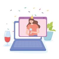 fête en ligne, fille avec cocktail célébrant en vidéo vecteur