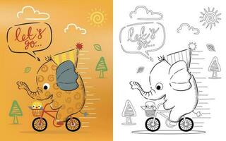 coloration livre dessin animé de marrant l'éléphant équitation bicyclette avec une peu oiseau dans ligne art modes vecteur