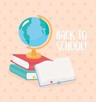 retour à l'école, carte mondiale sur les livres, dessin animé de l'enseignement primaire vecteur