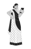 Indien femme dans sari en utilisant gadget plat ligne noir blanc vecteur personnage. modifiable contour plein corps personne. en ligne achat billet Facile dessin animé isolé place illustration pour la toile graphique conception