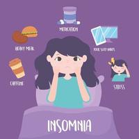 insomnie, fille au lit, raisons maladie caféine repas lourd médecine stress vecteur