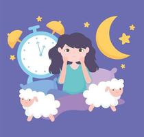 insomnie, fille inquiète dans le lit avec des moutons et une horloge vecteur
