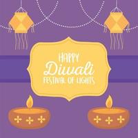joyeux festival de diwali, lanternes suspendues et diya lapms avec bougies festival des lumières, dessin vectoriel