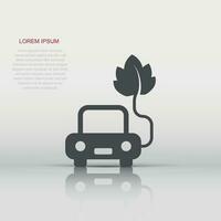 icône de voiture écologique dans un style plat. feuille et illustration vectorielle auto sur fond blanc isolé. concept d'entreprise de signe de charge bio. vecteur