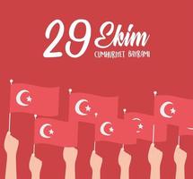 29 ekim cumhuriyet bayrami kutlu olsun, jour de la république de turquie, mains levées avec carte de drapeaux vecteur