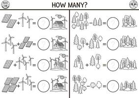 Comment beaucoup des arbres, vent turbines et solaire panneaux noir et blanc jeu. écologique maison math une addition activité pour préscolaire les enfants. Facile éco Terre journée imprimable compte coloration page pour des gamins vecteur