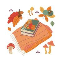 châtaigne, gland, champignon, livre, feuilles, plaid. Bonjour l'automne. l'automne saison élément, icône. vecteur
