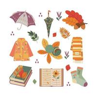 parapluie, foulard, imperméable, livre, chaussette, feuilles. Bonjour l'automne. l'automne saison élément, icône. vecteur