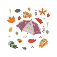 parapluie, feuilles. Bonjour l'automne. l'automne saison élément, icône. vecteur