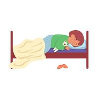 sucré peu fille en train de dormir avec ours peluche jouet en dessous de couverture dans lit. vecteur