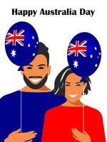 content Australie journée. une magnifique fille et une gars sont souriant et en portant une ballon avec le image de une drapeau dans leur mains. officiel nationale vacances. vecteur. vecteur