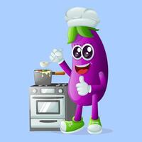 mignonne aubergine personnage cuisine sur une le fourneau vecteur