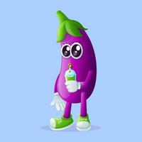 mignonne aubergine personnage en buvant une vert smoothie avec une paille vecteur