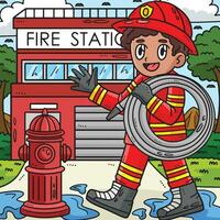 la main d'oeuvre journée pompier avec une tuyau coloré dessin animé vecteur