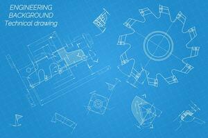 mécanique ingénierie dessins sur bleu Contexte. Coupe outils, fraisage coupeur. technique conception. couverture. plan. vecteur illustration.