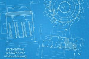 mécanique ingénierie dessins sur bleu Contexte. Coupe outils, fraisage coupeur. technique conception. couverture. plan. vecteur illustration.
