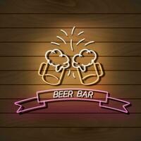 Bière bar néon lumière bannière sur une en bois mur. Orange et rose signe. décoratif réaliste rétro élément pour la toile conception vecteur